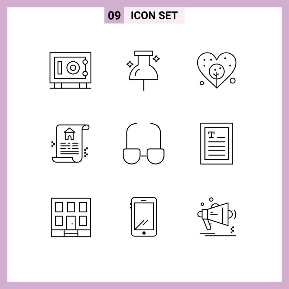 grupo universal de símbolos de iconos de 9 contornos modernos de gafas de vista de bombilla de libro electrónico de lector elementos de diseño vectorial editables vector