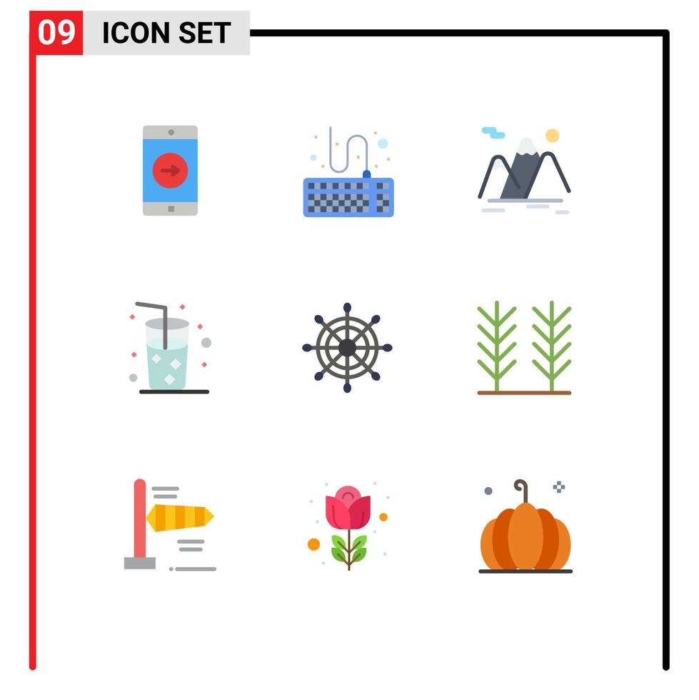Flat Color Pack of 9 Universal Symbols of marine juice mountains drink landscape Editable Vector Design Elements