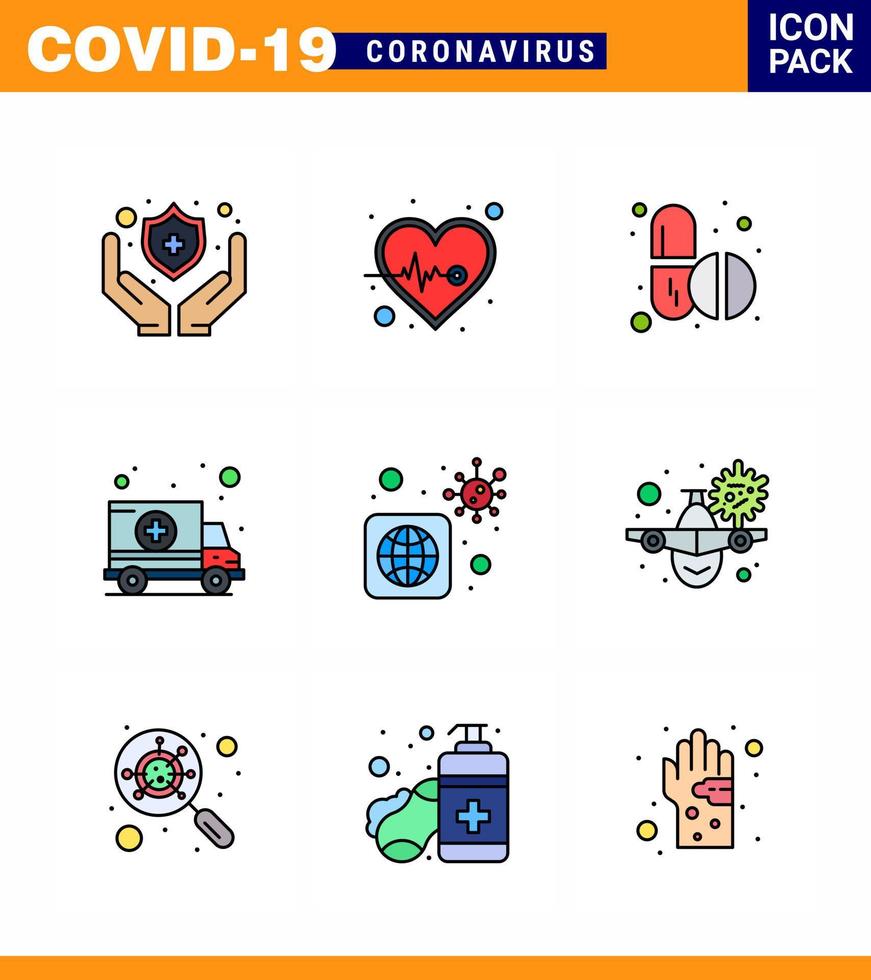 Coronavirus awareness icons 9 Filled Line Flat Color icon Corona Virus Flu Related such as virus worldwide pills transport car viral coronavirus 2019nov disease Vector Design Elements