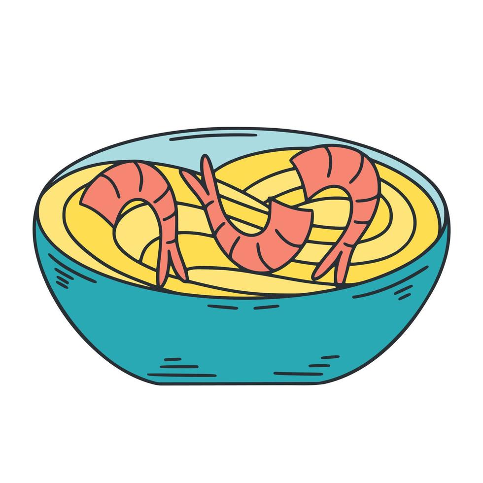 Egg udon noodles with shrimp isolated vector illustration