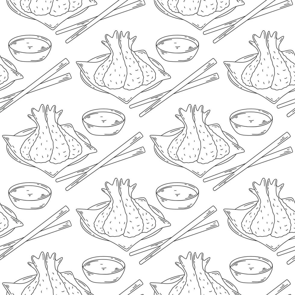 Asian food seamless pattern. Tempura sketch with soy sauce vector