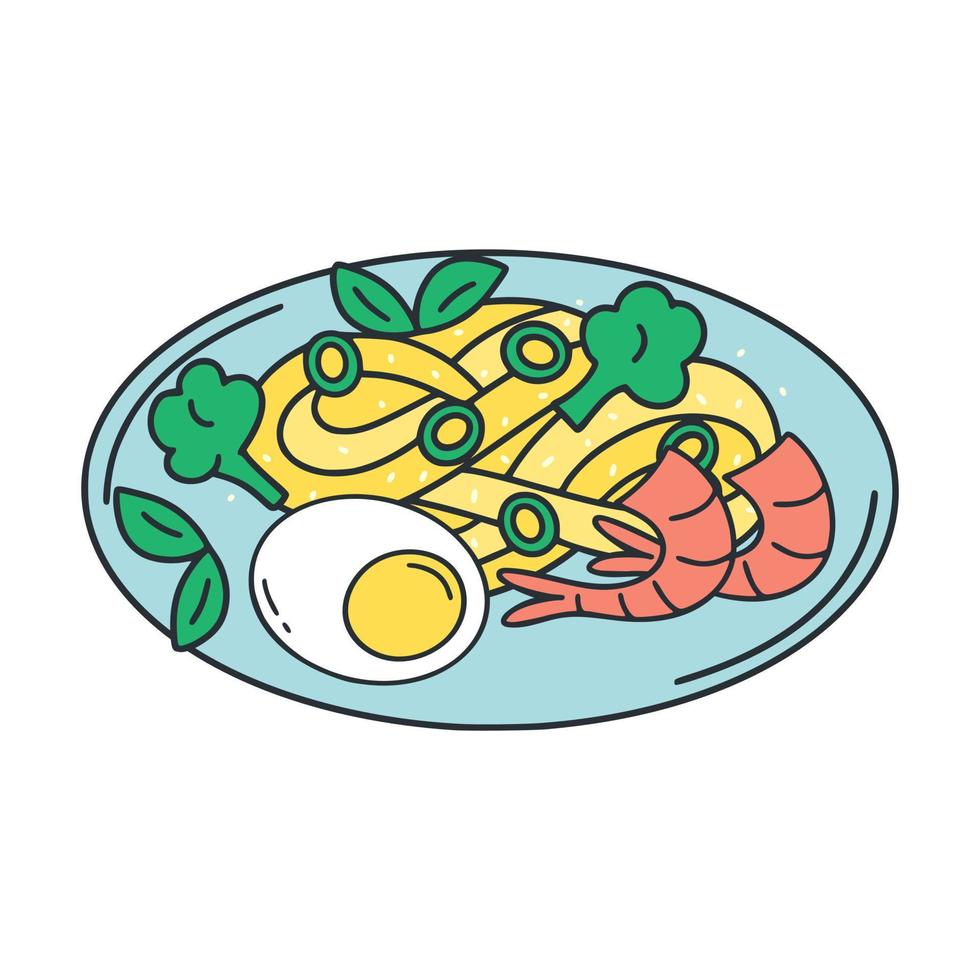 Egg noodles with shrimp egg and vegetables clip art vector