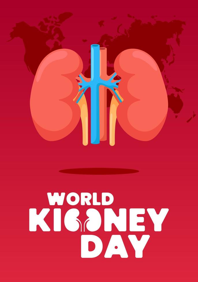 World kidney day vertical poster. International human healthy kidneys care celebration placard. Genitourinary system internal organ holiday banner. Urology insides on Earth map. Vector illustration