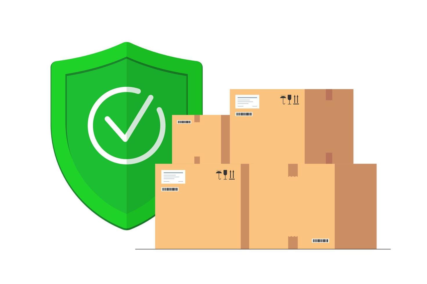 Freight cargo delivery insurance concept. Parcel package transportation protection coverage guaranty care. Cardboard boxes with logistics courier service guard shield. Safe shipping eps illustration vector