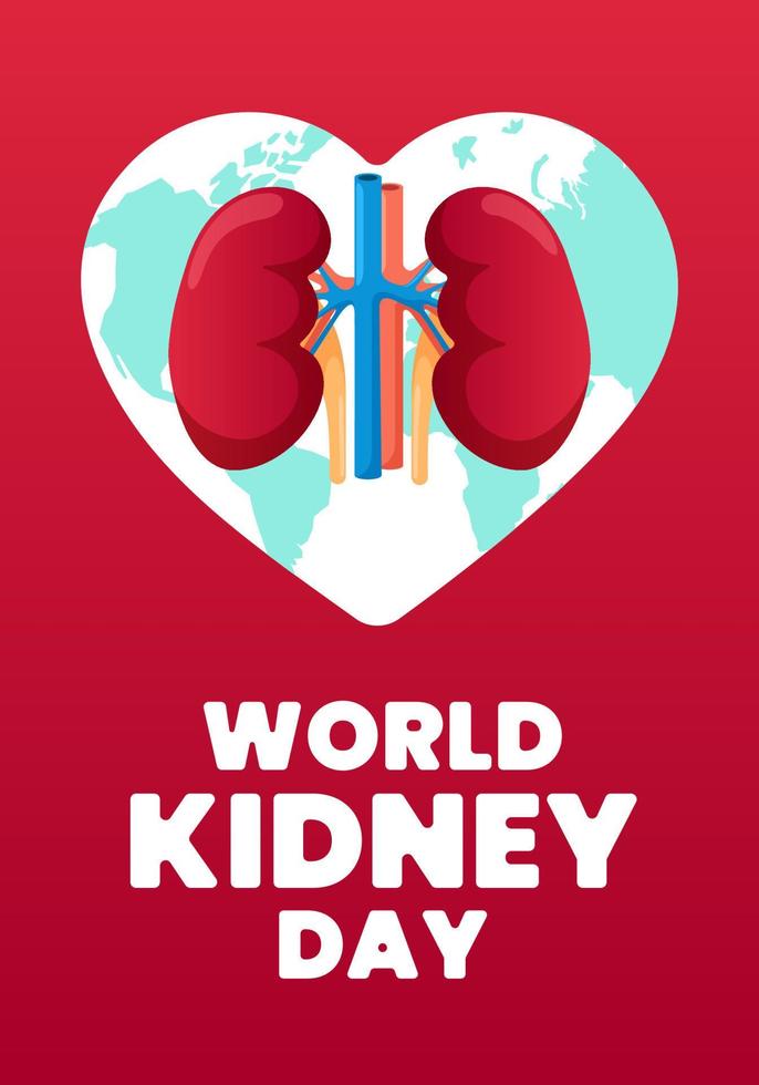 World kidney day vertical poster. International human healthy kidneys care celebration placard. Genitourinary system internal organ holiday banner. Urology insides in heart sign on red background. Eps vector