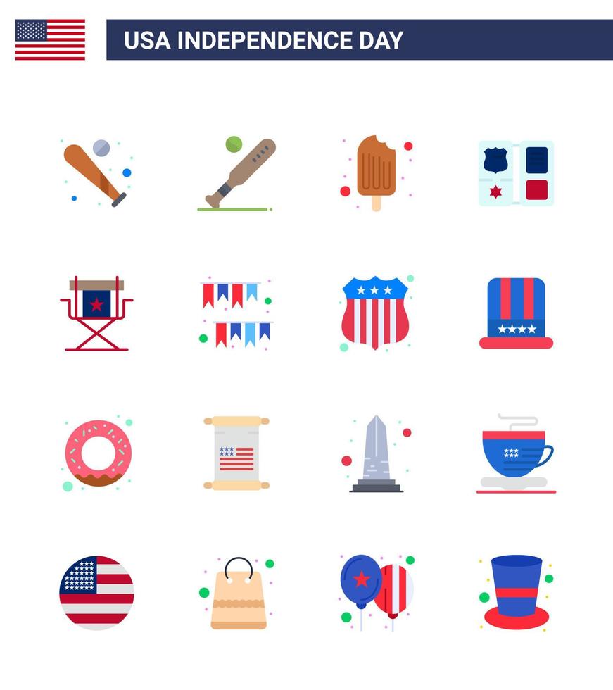 Happy Independence Day Pack of 16 Flats Signs and Symbols for television movies ice cream director star Editable USA Day Vector Design Elements