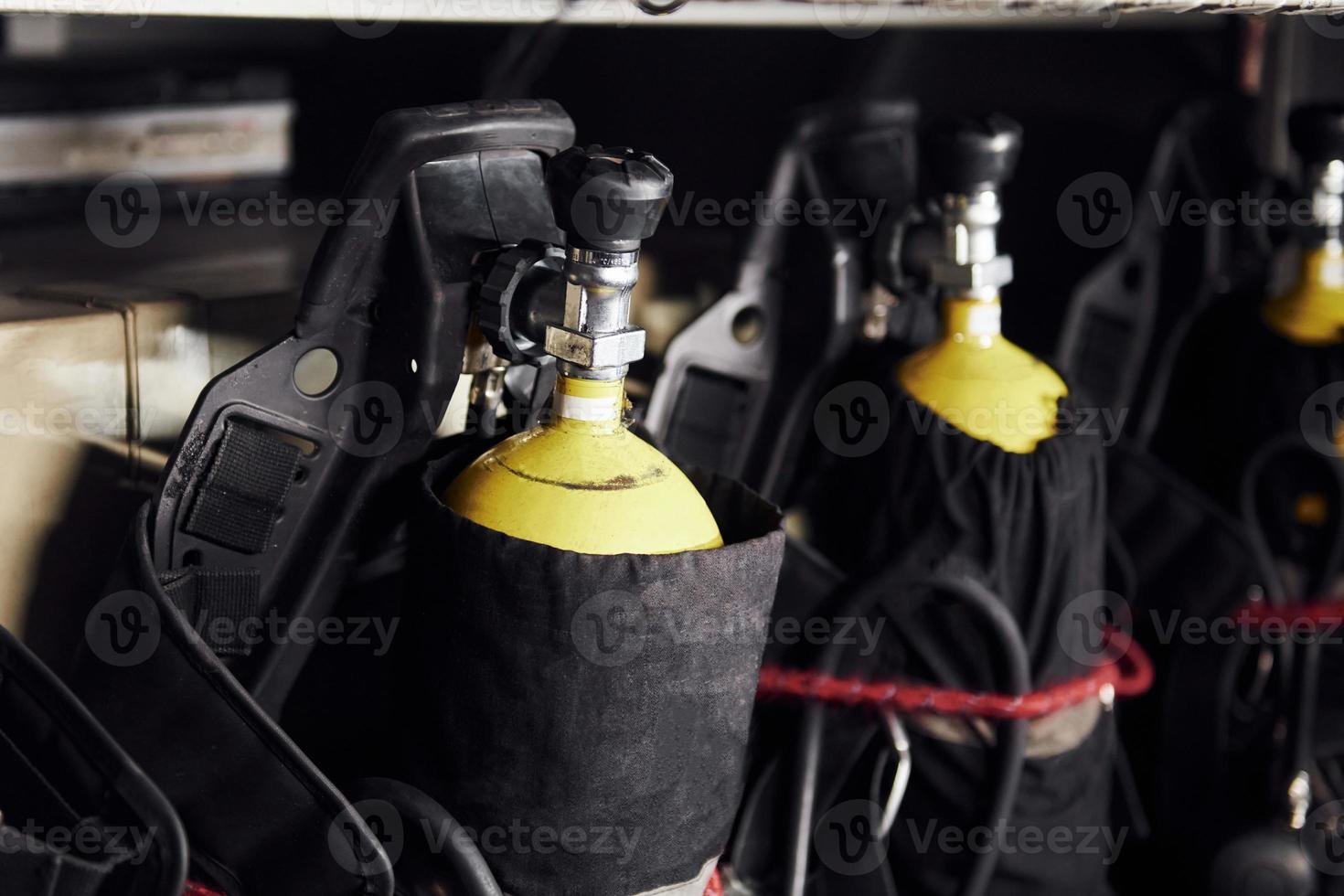 Oxygen balloons. Close up view of firefighter's equipment that is inside of the truck photo
