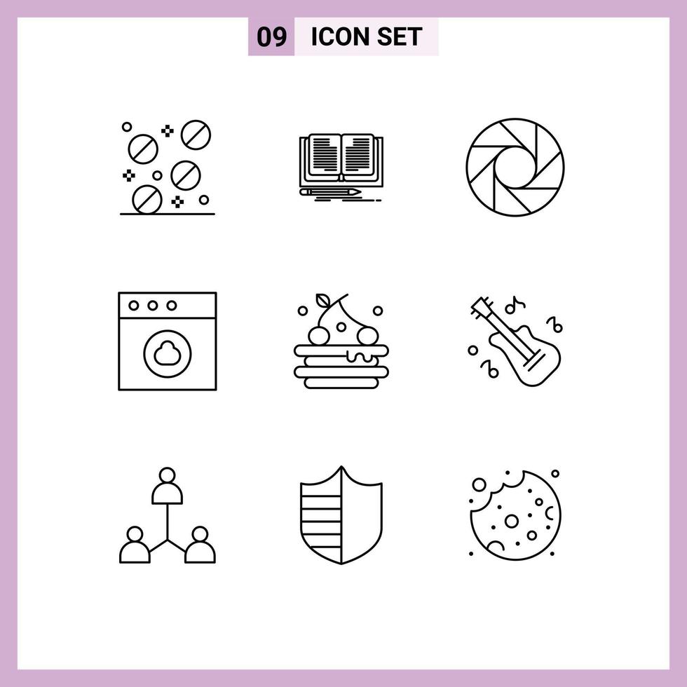 Modern Set of 9 Outlines Pictograph of instrument drink lens food mac Editable Vector Design Elements