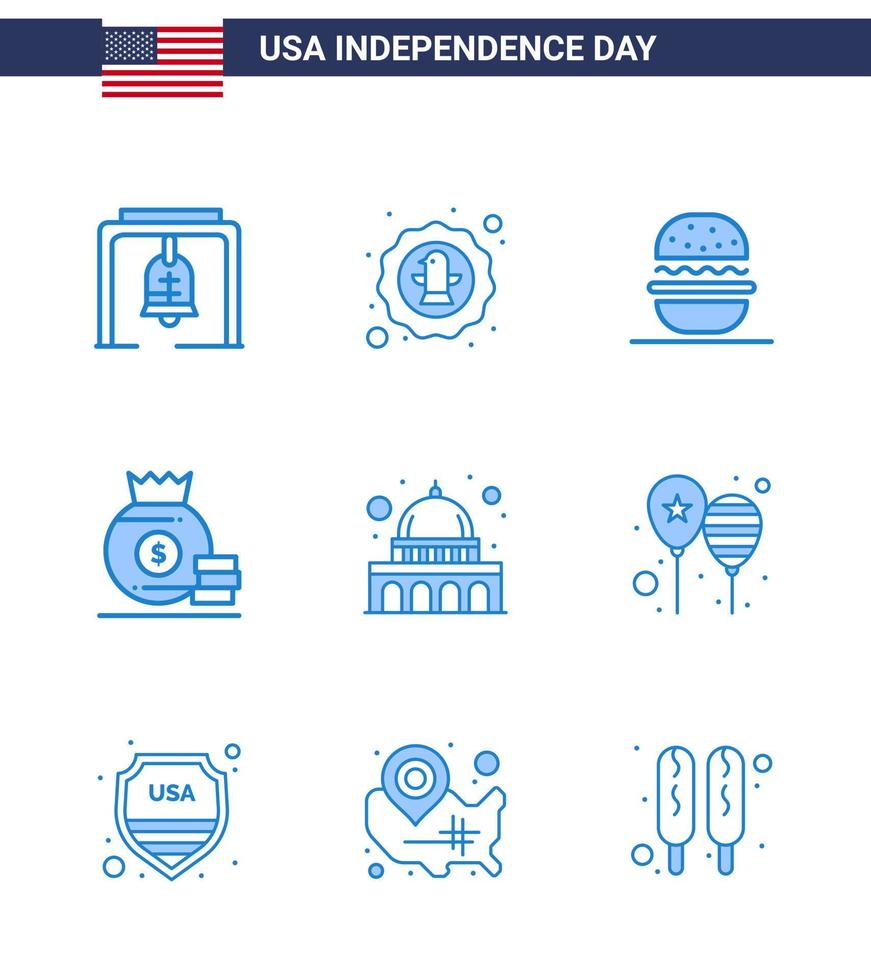 USA Happy Independence DayPictogram Set of 9 Simple Blues of capitol money badge bag usa Editable USA Day Vector Design Elements