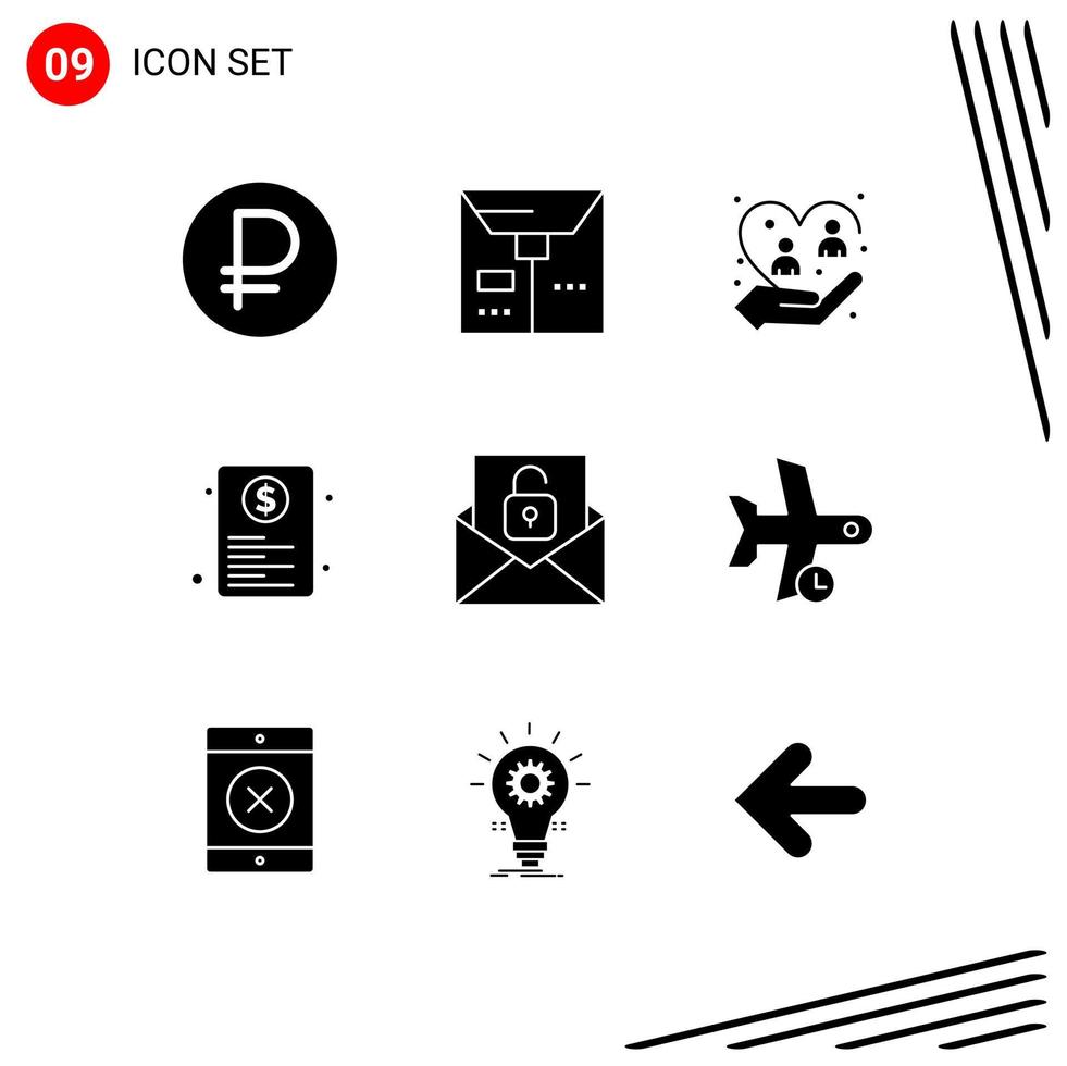 9 Universal Solid Glyphs Set for Web and Mobile Applications communication paper caring page document Editable Vector Design Elements