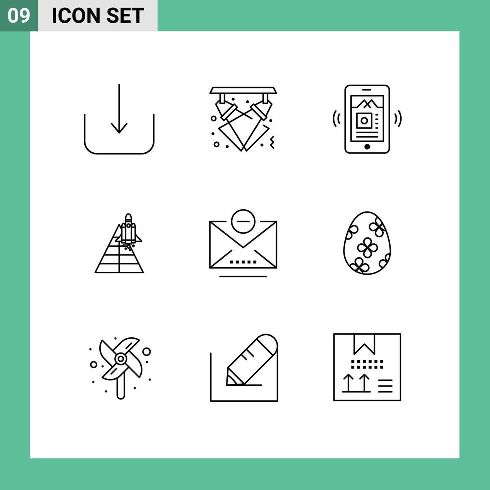 Mobile Interface Outline Set of 9 Pictograms of mail launch mobile space craft station Editable Vector Design Elements