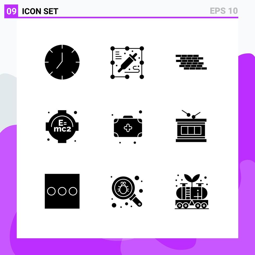 Set of 9 Vector Solid Glyphs on Grid for medicine bag security study formula Editable Vector Design Elements