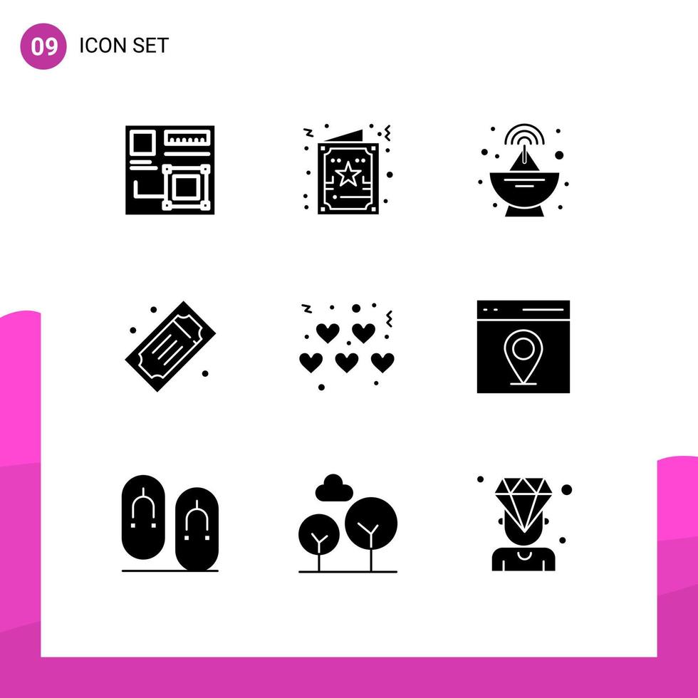 Set of 9 Modern UI Icons Symbols Signs for hearts theater tickets xmas movie tickets cinema tickets Editable Vector Design Elements