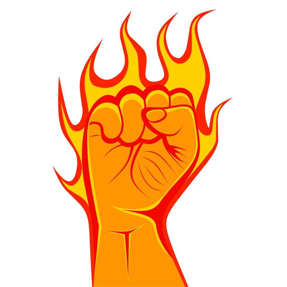 Fire fist vector illustration on white background. Fiery red fist. Logo concept of demo, power, fight and revolution.