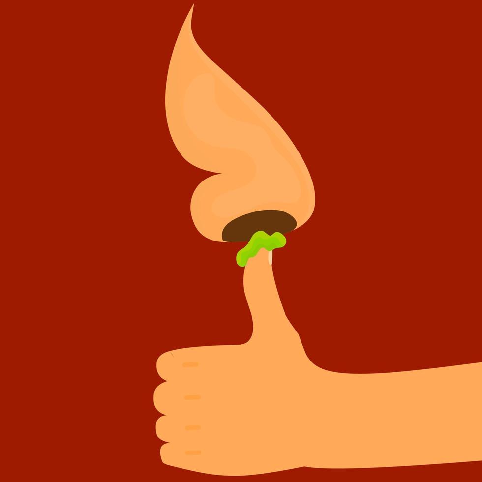 Vector illustration of picking nose with thumb on red background. Green snot on fingers. Health problems due to flu and viruses.