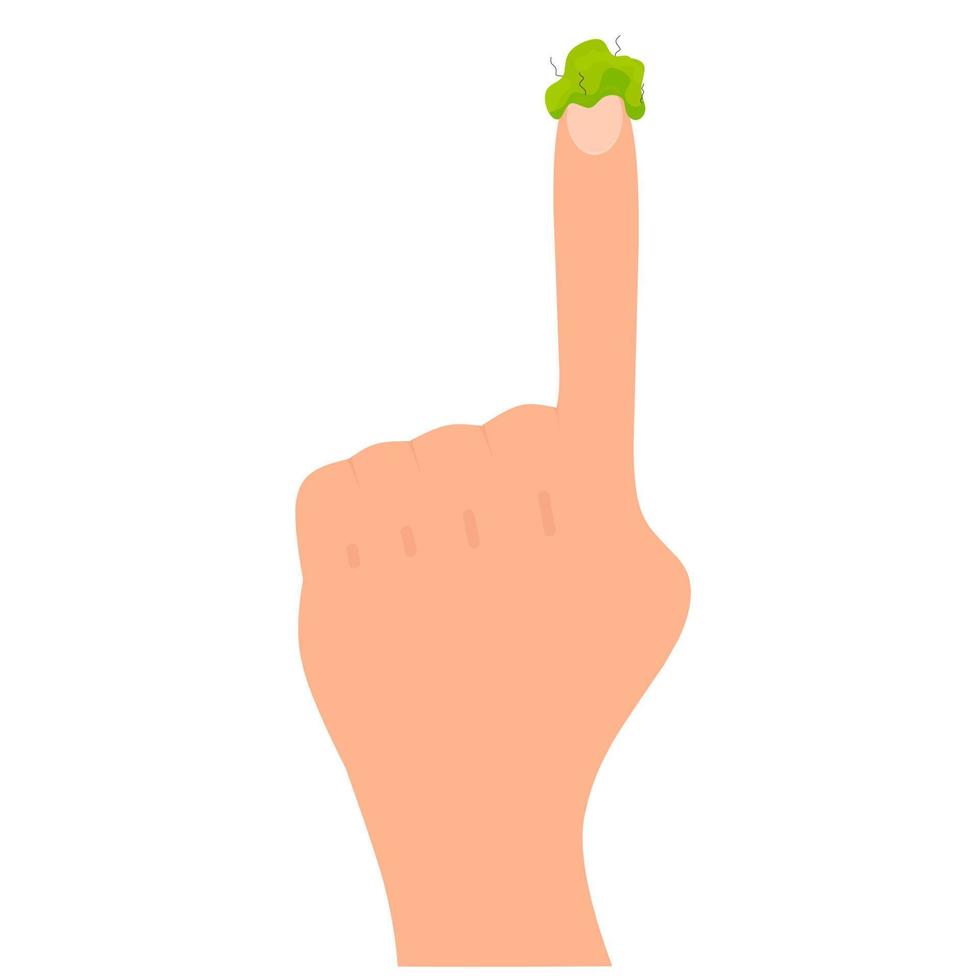 Vector green snot on hand on white background. Snot on finger in cartoon style. Vector illustration