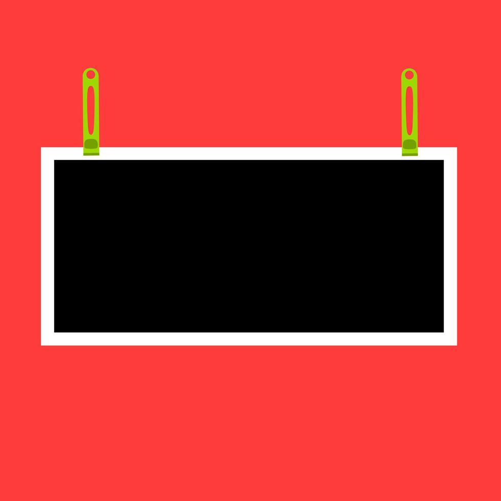Blank photo frame vector icon hanging on clamp. Retro vintage style. Horizontal photo design template. Isolated on a red background. Place an image or text.