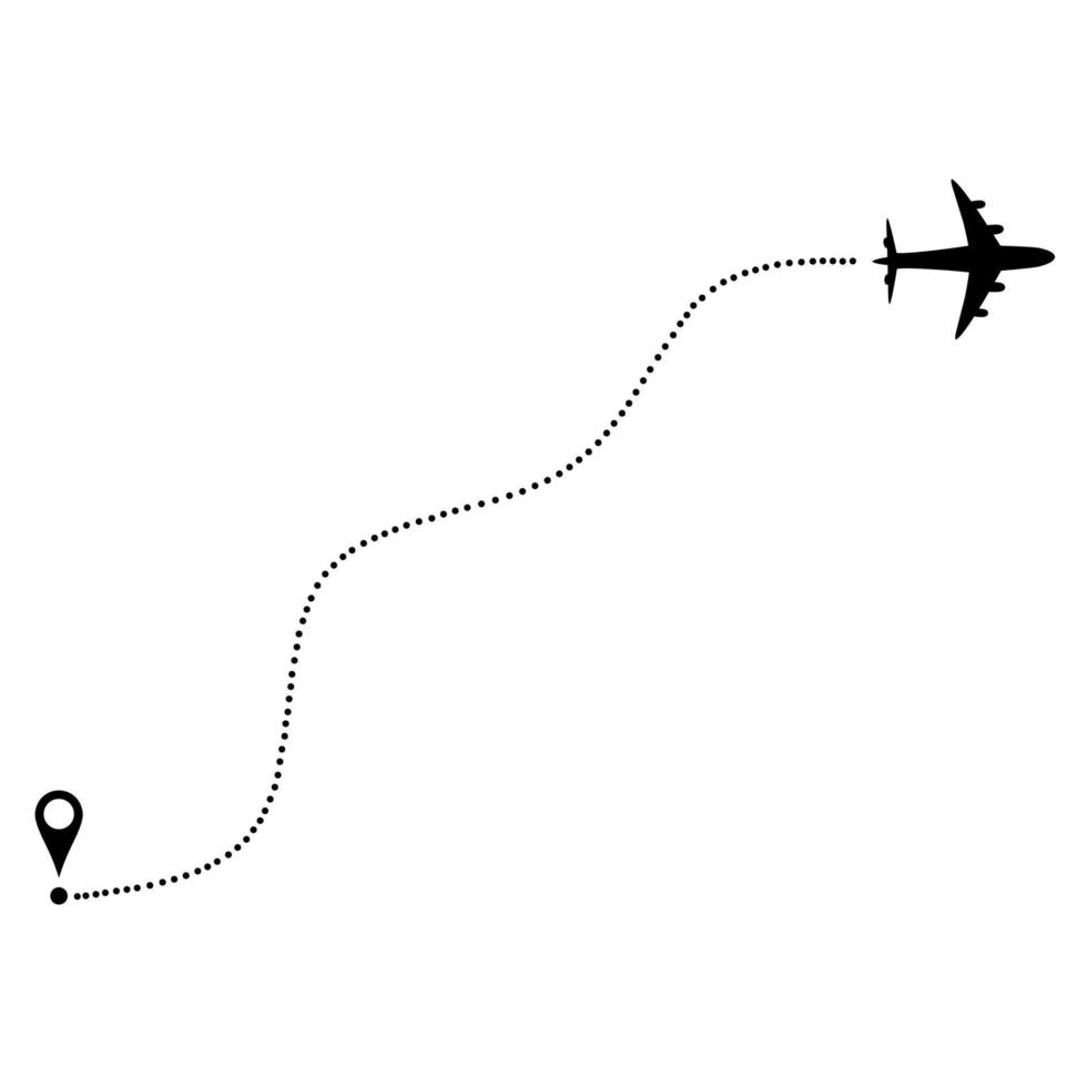 Airplane flight route vector icon with dotted line on white background. Flight location pin. Great for travel track logos.