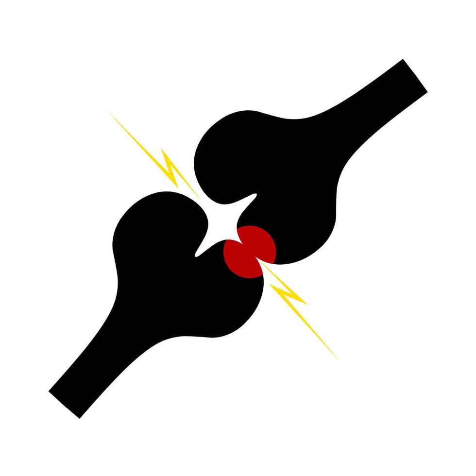 Knee bones icon on white background. Knee joint pain concept with red sign. Skeletal knee pain. Bone pain, injury and inflammation. vector
