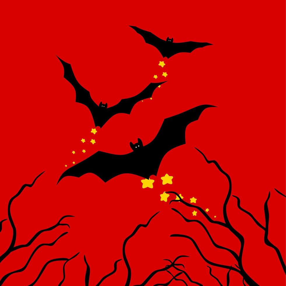 Black bat flying over dry tree with yellow asterisk on red background. Hellowen vampire bat illustration. vector