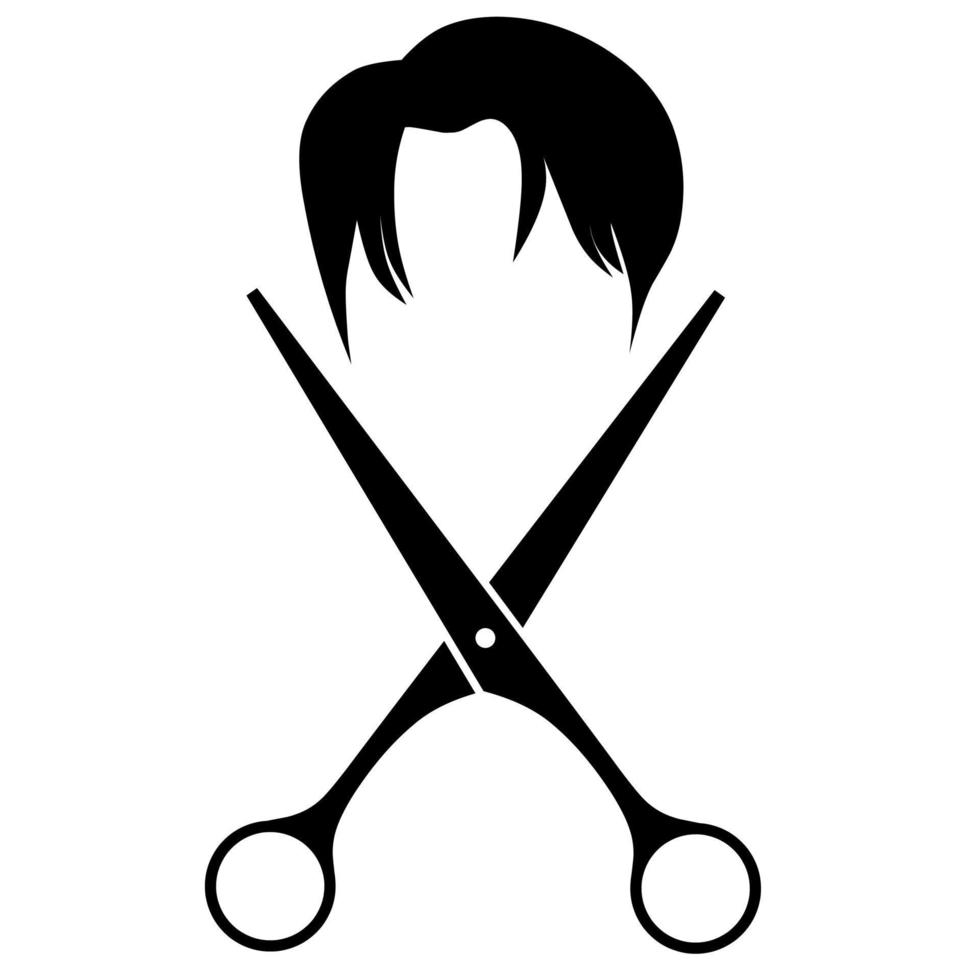 Salon logo with symbol of scissors and men's hair on a white background. Vector illustration