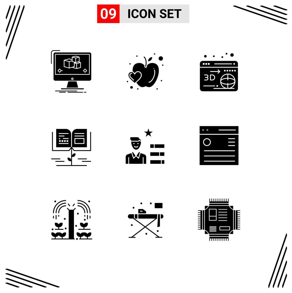 Group of 9 Modern Solid Glyphs Set for human resource education food growth knowledge growth Editable Vector Design Elements