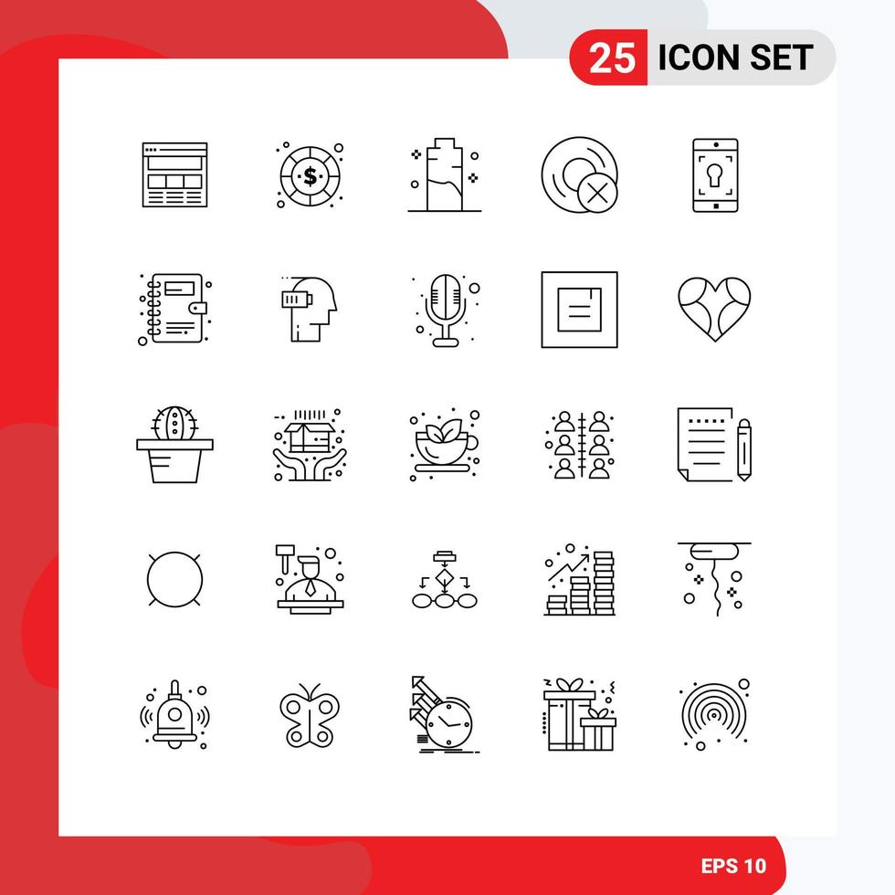 Set of 25 Commercial Lines pack for disc computers money power charging Editable Vector Design Elements