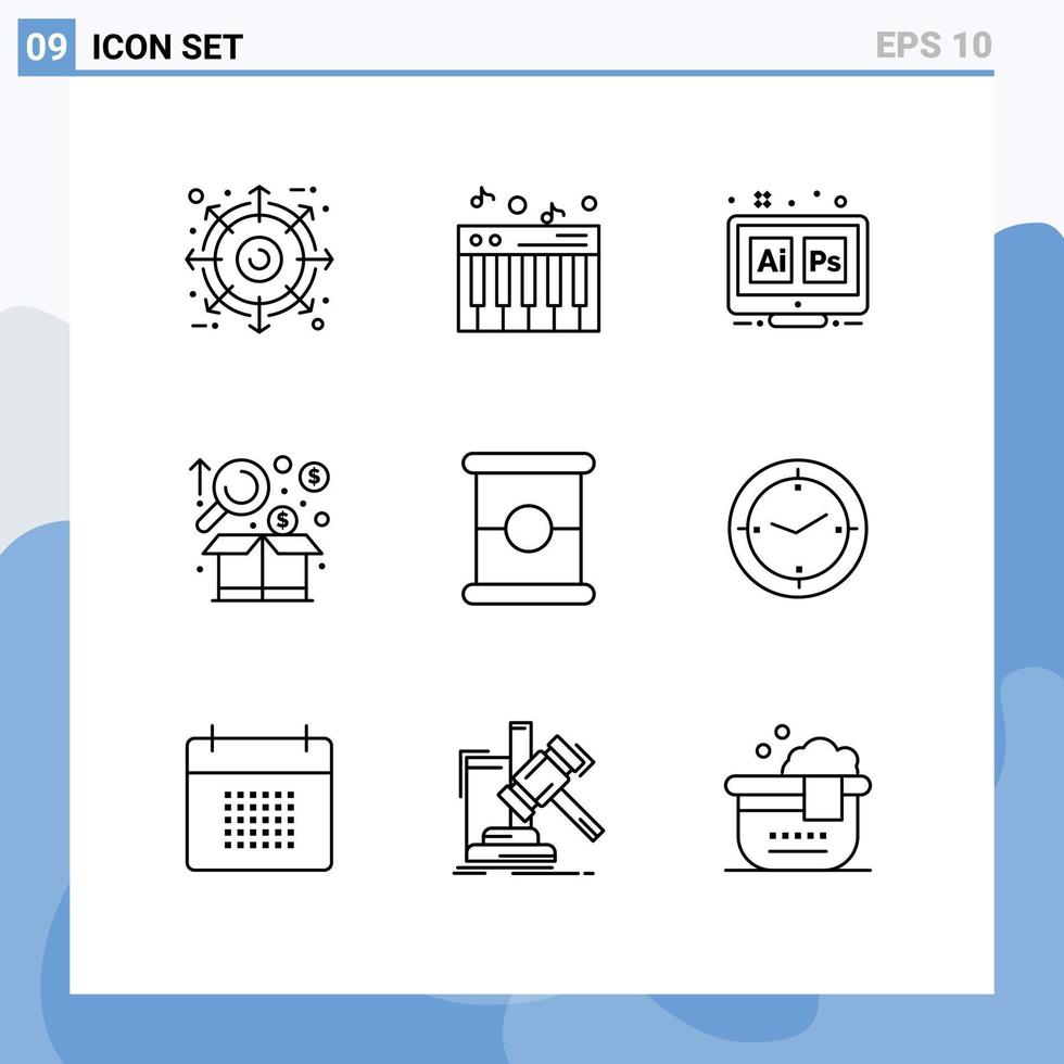 Pack of 9 Modern Outlines Signs and Symbols for Web Print Media such as food graph hex chart analysis Editable Vector Design Elements