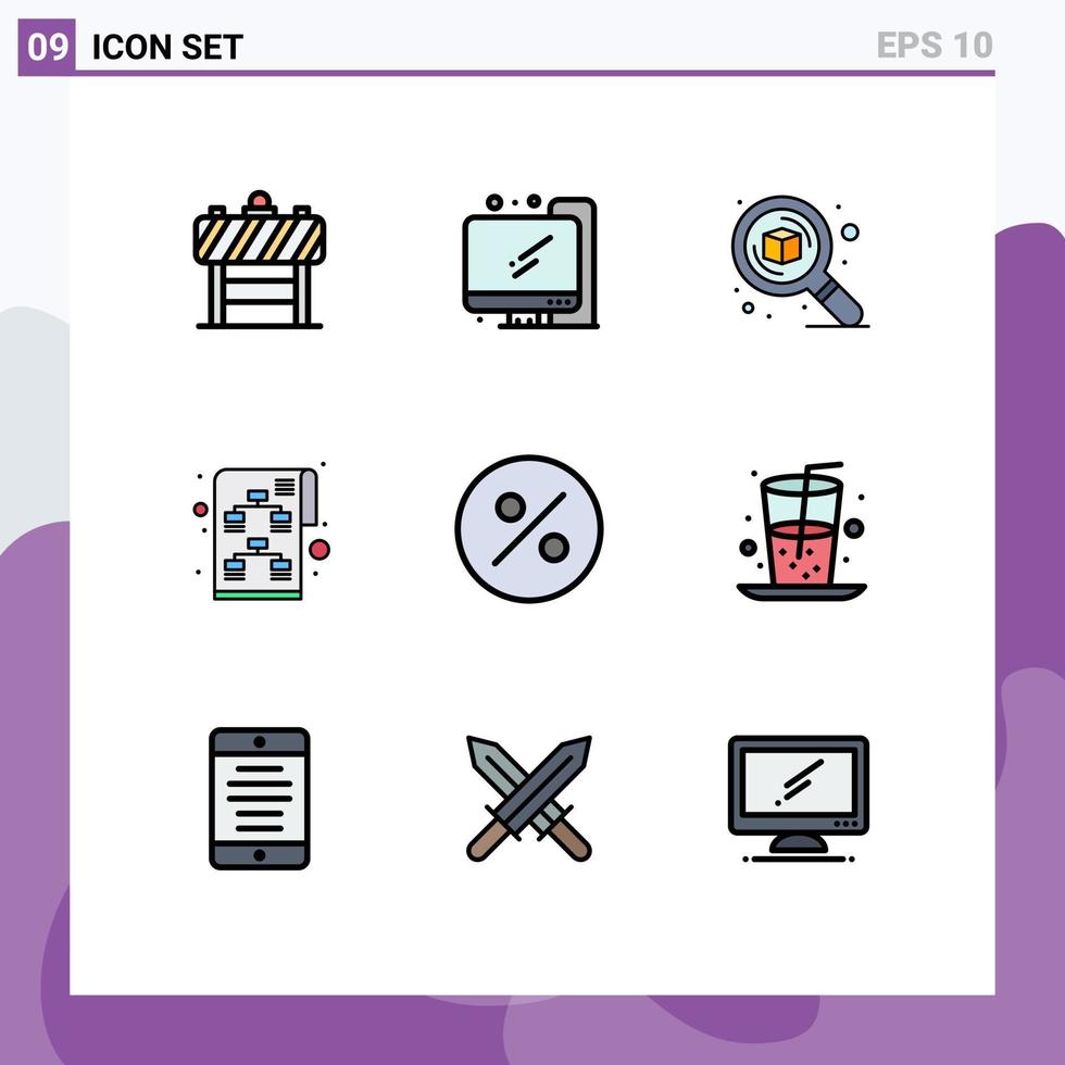 Paquete de color plano de línea de relleno de interfaz de usuario 9 de signos y símbolos modernos de detalles de inicio de porcentaje elementos de diseño vectorial editables de planificación empresarial vector