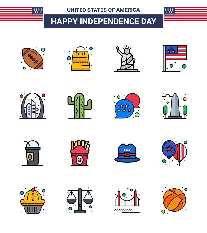 Flat Filled Line Pack of 16 USA Independence Day Symbols of arch flag landmarks country usa Editable USA Day Vector Design Elements