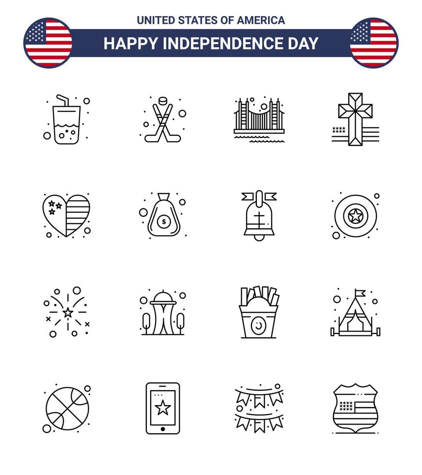 Happy Independence Day Pack of 16 Lines Signs and Symbols for heart cross bridge american tourism Editable USA Day Vector Design Elements