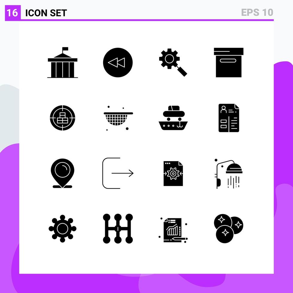 Mobile Interface Solid Glyph Set of 16 Pictograms of target crosshair search buy archive Editable Vector Design Elements