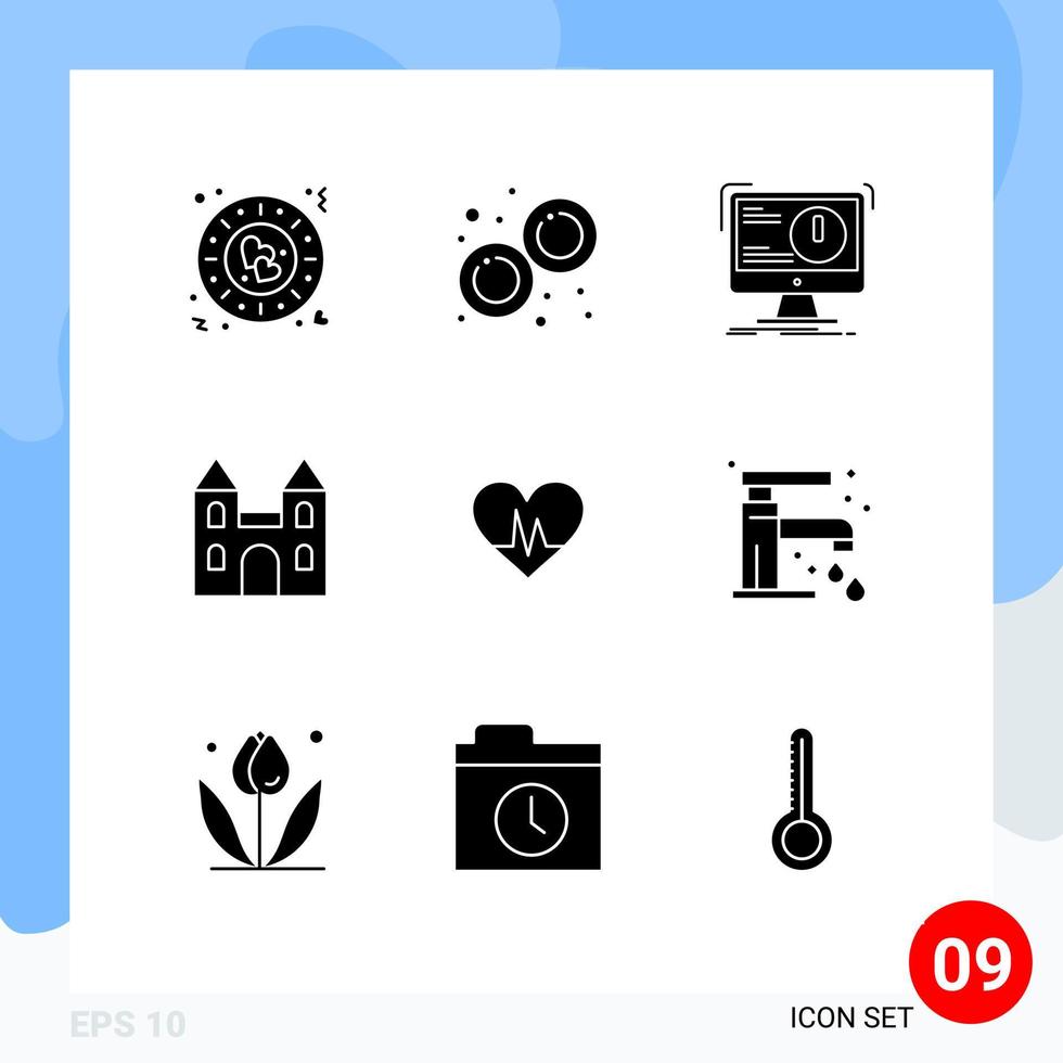 Set of 9 Commercial Solid Glyphs pack for ecg church alert cathedral virus Editable Vector Design Elements