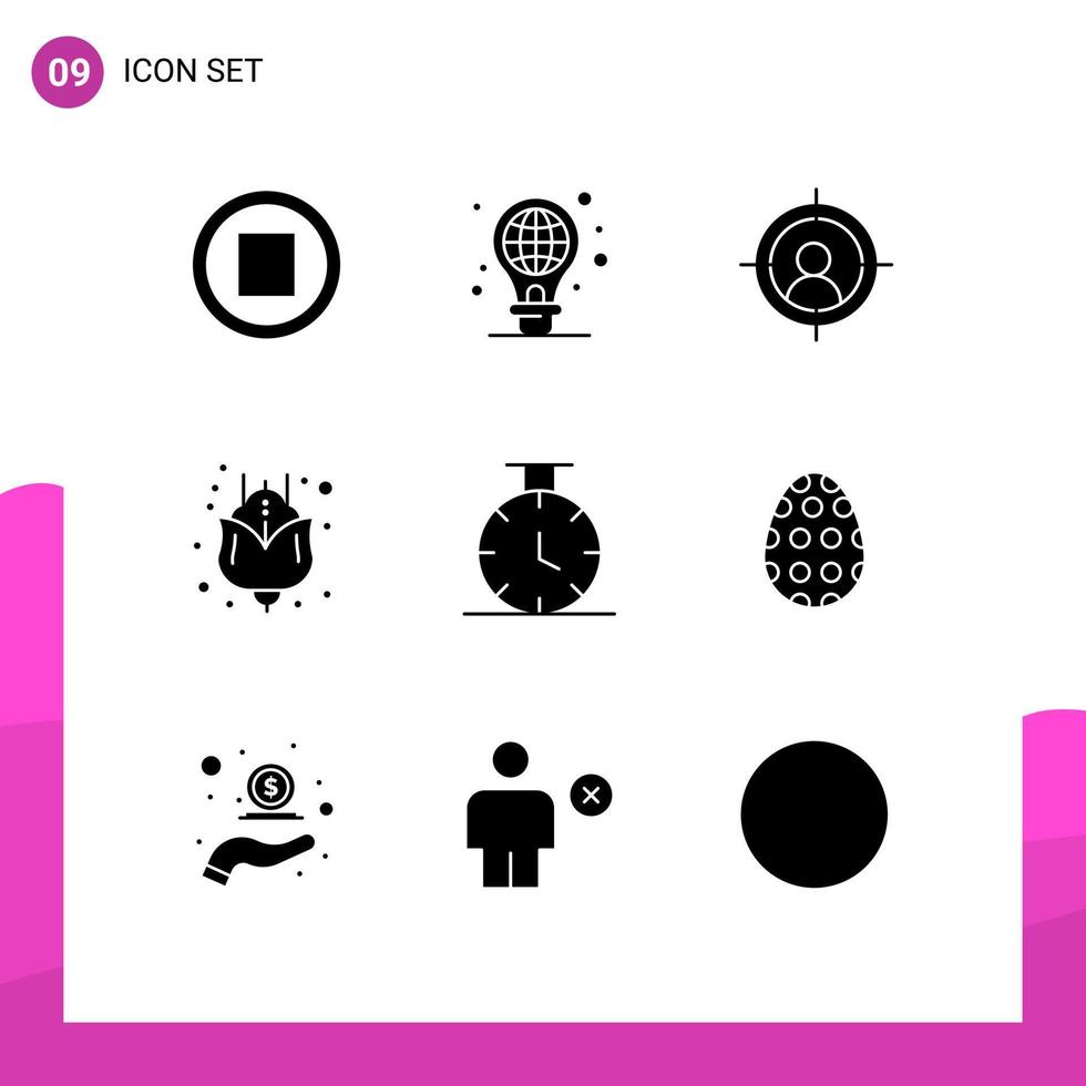 9 Thematic Vector Solid Glyphs and Editable Symbols of easter egg decoration aim time tulip Editable Vector Design Elements