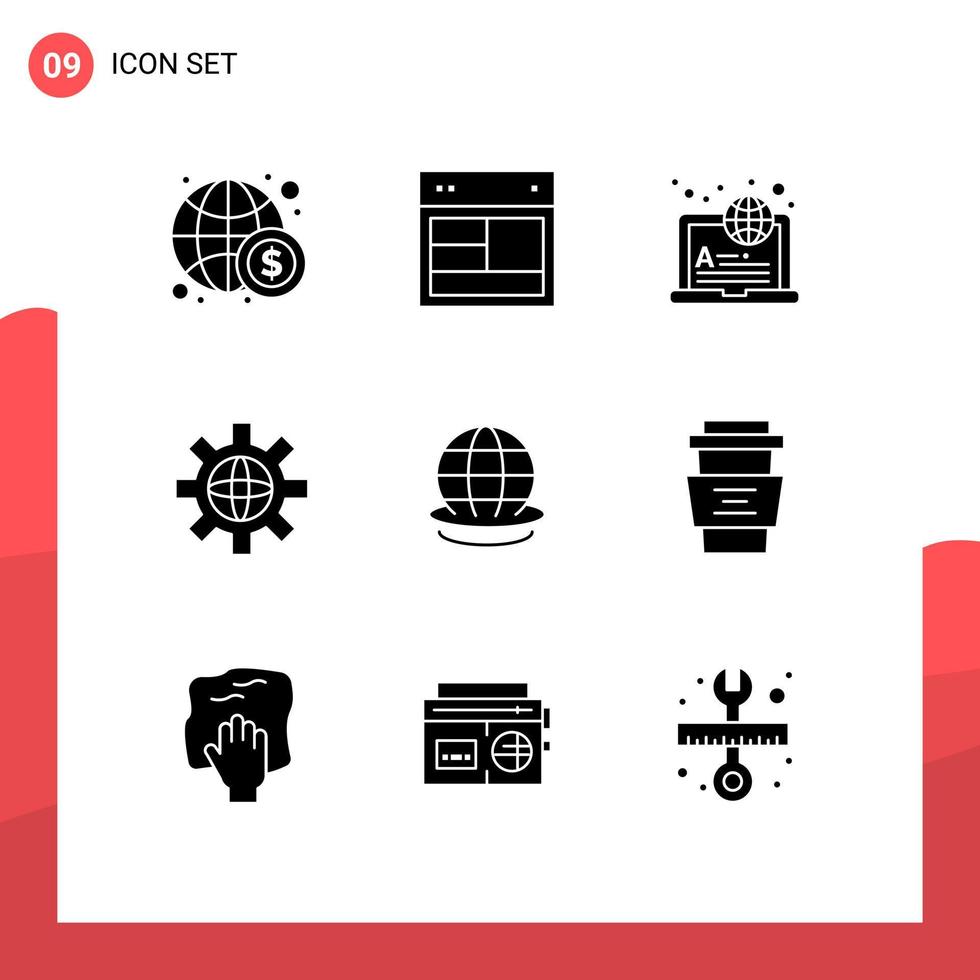 conjunto moderno de 9 pictogramas de glifos sólidos de la configuración de la tierra elementos de diseño de vectores editables en línea del globo del sitio web