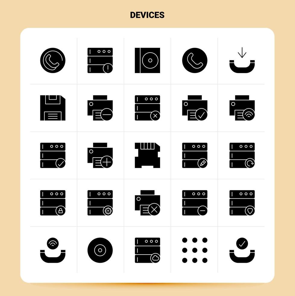 conjunto de iconos de 25 dispositivos sólidos. conjunto de iconos negros de diseño de estilo de glifo vectorial. ilustración vectorial de diseño de ideas de negocios web y móviles. vector