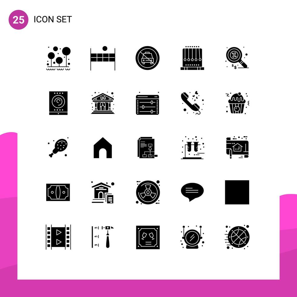 Mobile Interface Solid Glyph Set of 25 Pictograms of duty physics car pendulum slash Editable Vector Design Elements