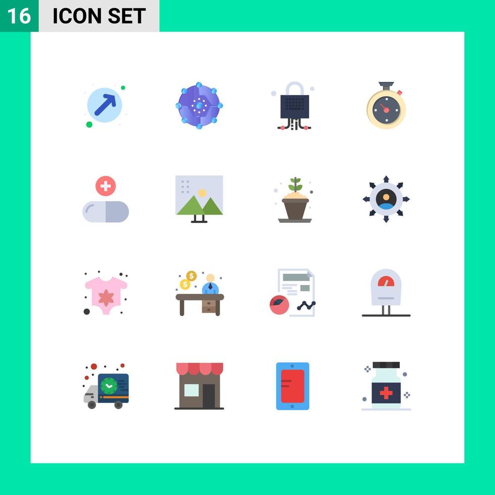Flat Color Pack of 16 Universal Symbols of drug time share timer technology Editable Pack of Creative Vector Design Elements