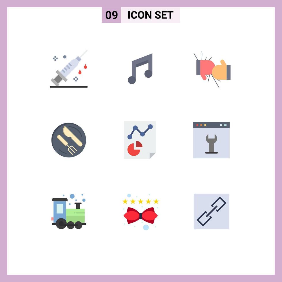 Mobile Interface Flat Color Set of 9 Pictograms of knife dish music lunch fight Editable Vector Design Elements