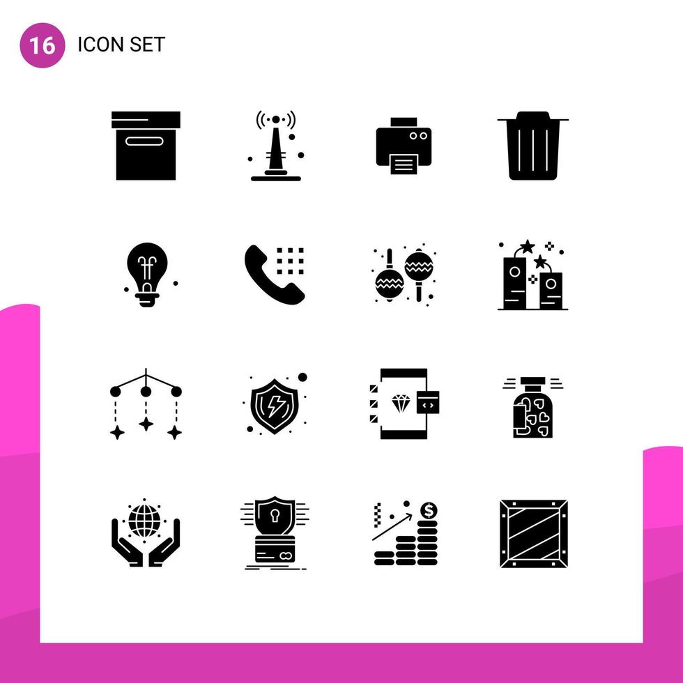 Modern Set of 16 Solid Glyphs and symbols such as dial idea printed education trash Editable Vector Design Elements