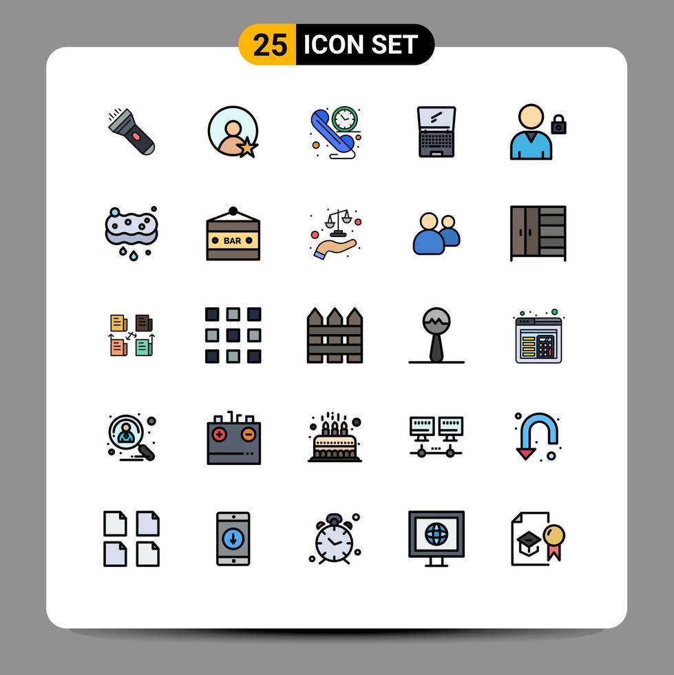 25 Universal Filled line Flat Color Signs Symbols of lock flip communication laptop monitor Editable Vector Design Elements