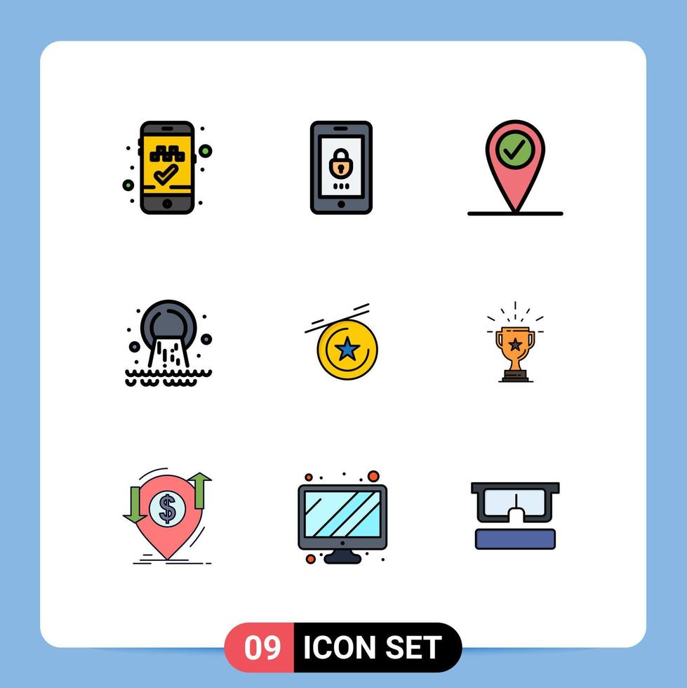 9 Thematic Vector Filledline Flat Colors and Editable Symbols of achievement medal pin star sewage Editable Vector Design Elements