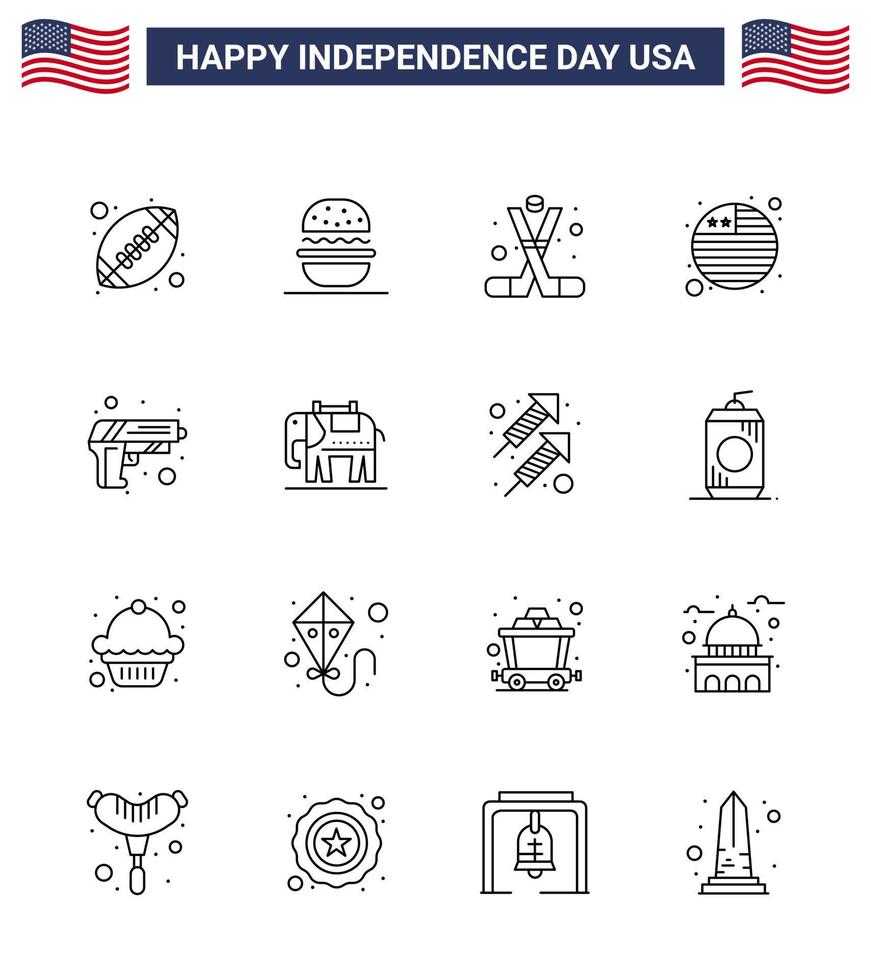 Happy Independence Day USA Pack of 16 Creative Lines of security international flag hockey flag america Editable USA Day Vector Design Elements