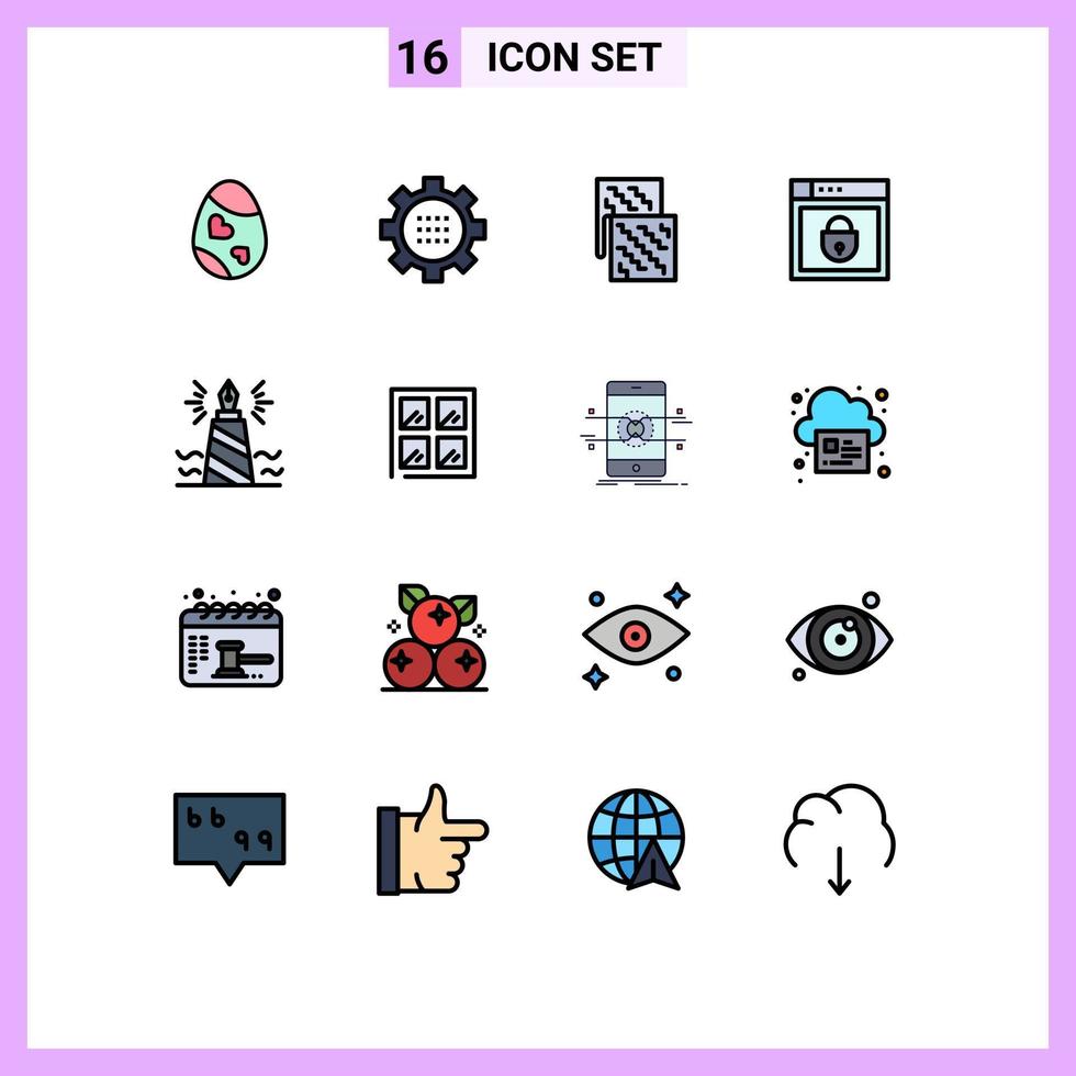 Editable Vector Line Pack of 16 Simple Flat Color Filled Lines of shield internet options material fabric Editable Creative Vector Design Elements