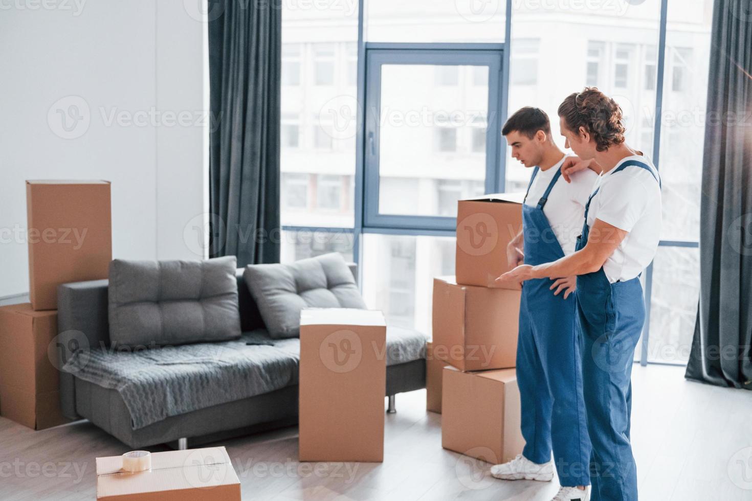 Two young movers in blue uniform working indoors in the room photo