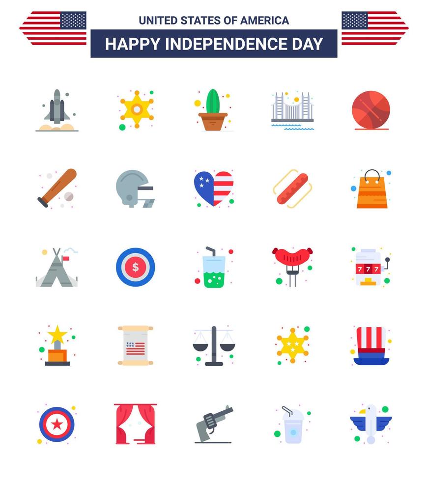 4th July USA Happy Independence Day Icon Symbols Group of 25 Modern Flats of tourism golden police sign gate pot Editable USA Day Vector Design Elements