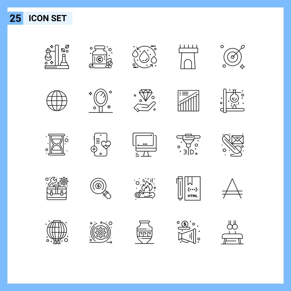 Modern Set of 25 Lines Pictograph of target castle pills beach recycle Editable Vector Design Elements