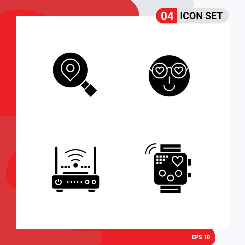 Modern Set of 4 Solid Glyphs Pictograph of research router location love network Editable Vector Design Elements