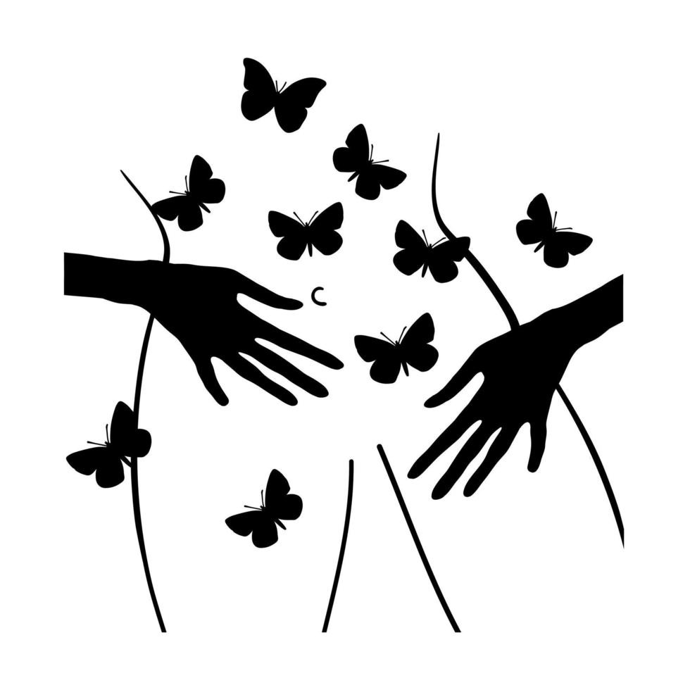 Butterflies in the stomach, a female silhouette with butterflies in the stomach. vector