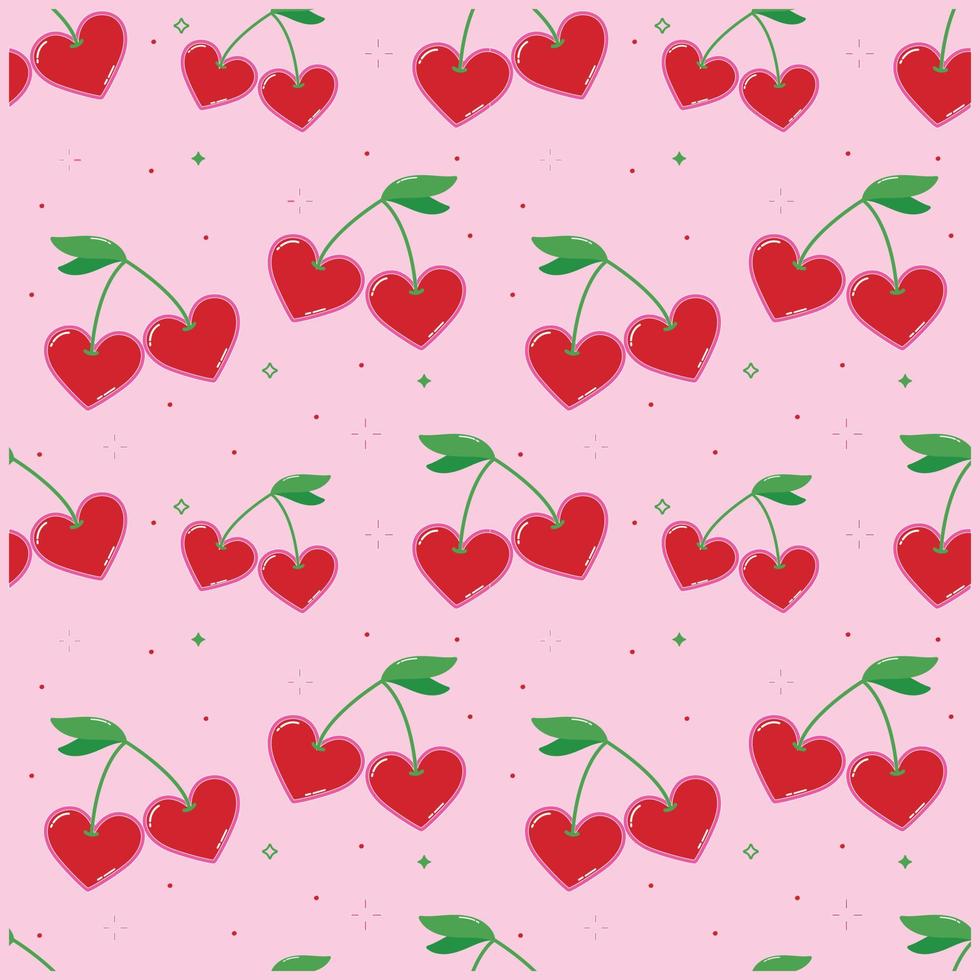 Seamless heart pattern in y2k style. Seamless vector red hearts on twigs like 2000s style cherry on pink background for fabric or paper print.